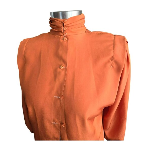 Vintage San Andre Blouse Orange High Collar & Shoulder Pads Scarf Neck 6P HS158 - Picture 4 of 10